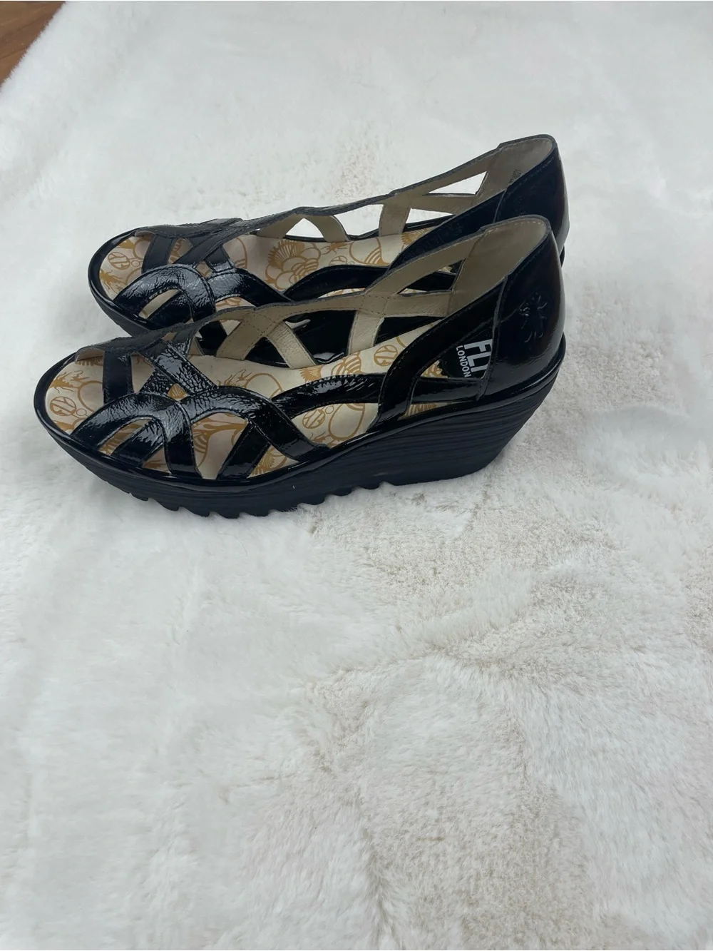 Fly London Black Patent Wedge Sandals Size 40